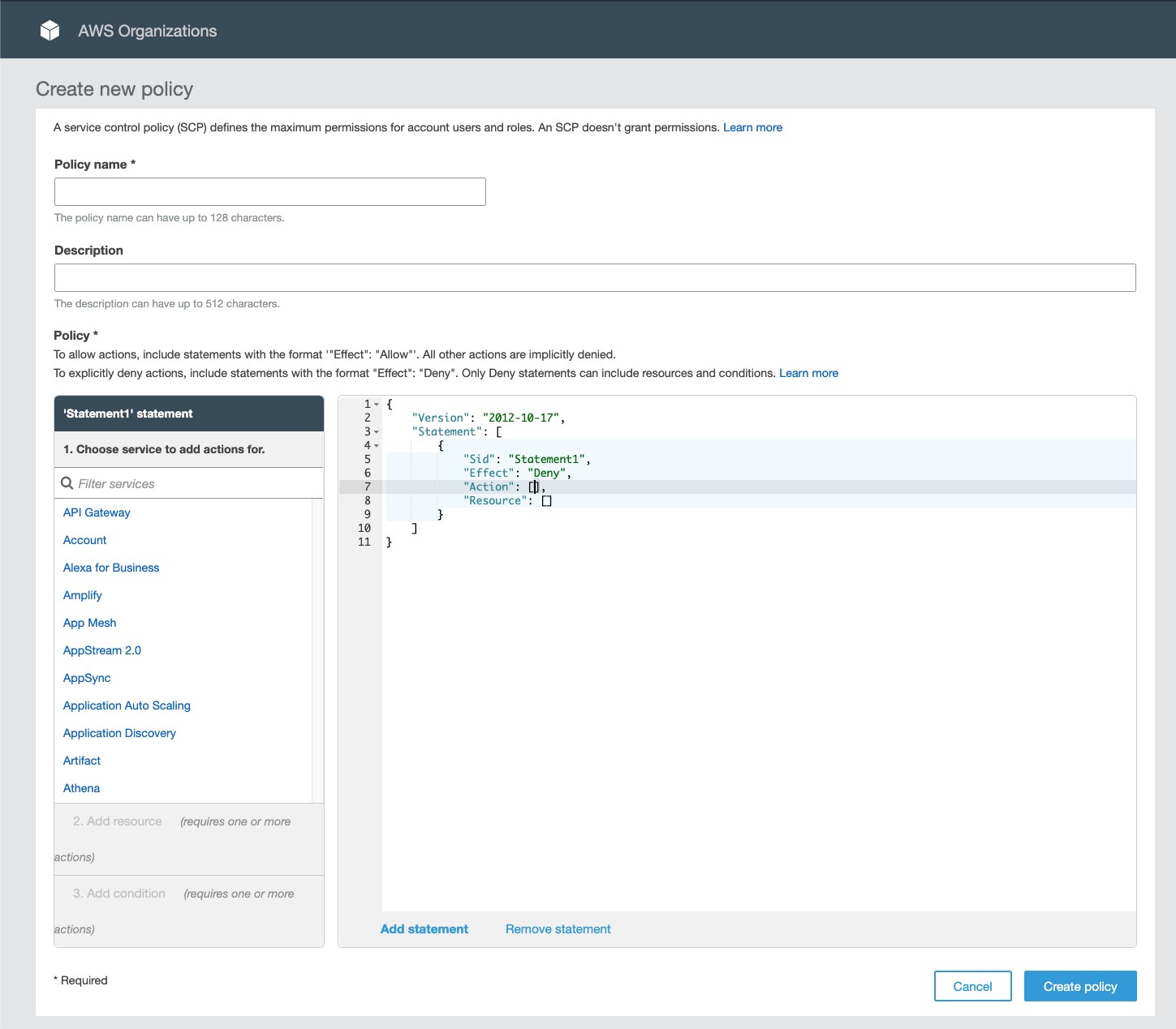screenshot of AWS Organizations